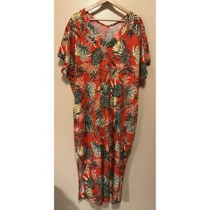 Koolaburra by UGG Cotton Rayon V-Neck Caftan Coral Red Tropical Lounge Dress L